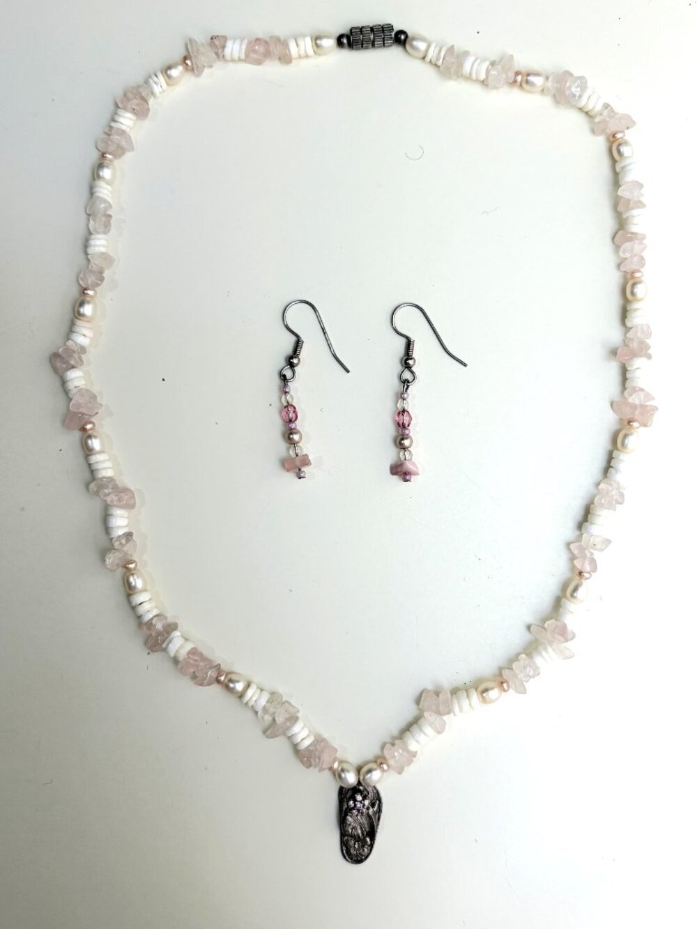 Y2K Handmade Maui Pink Stone Pearl Necklace & Earrings Set
